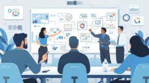 Réunion d'équipe sur la méthode OKR pour l'intégration de l'intelligence artificielle - IA