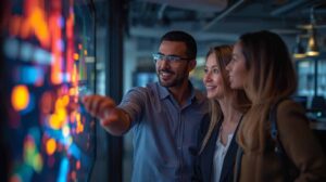 Trois collaborateurs travaillent ensemble dans un espace moderne autour d’un grand écran lumineux affichant des visualisations de données, symbolisant la découverte progressive des bénéfices de l’intelligence artificielle par l’usage.