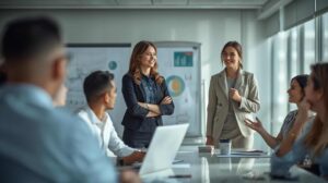 Équipe en réunion dans un bureau lumineux discutant des piliers de la performance organisationnelle.