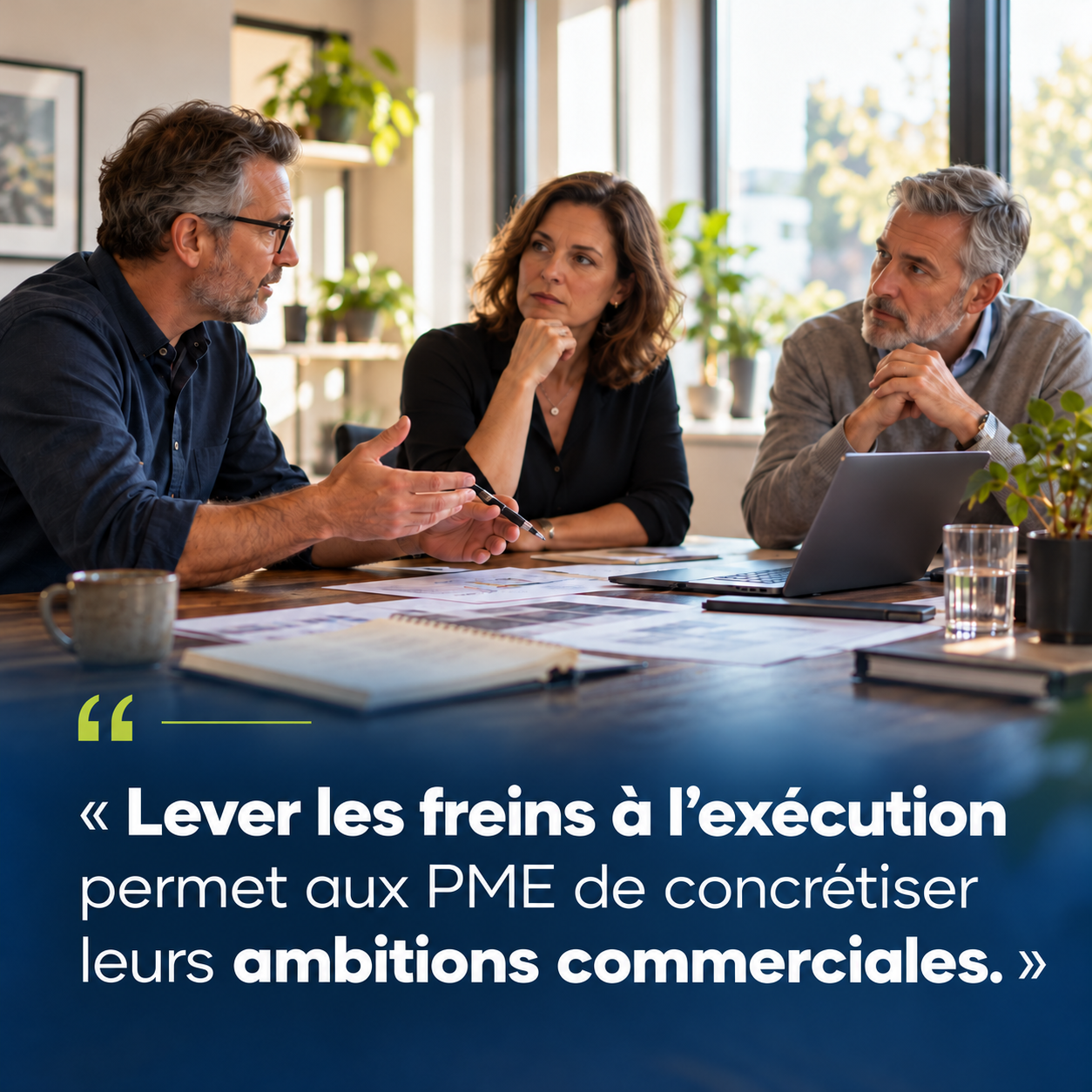Équipe de direction en séance de travail. Citation « Lever les freins à l’exécution permet aux PME de concrétiser leurs ambitions commerciales. »