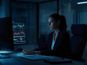 Création sans titre (7) Femme travaillant sur des graphiques pour analyser les bénéfices de l'intelligence artificielle