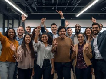 Une équipe prend en main sa préparation à IA Une équipe enthousiaste en réunion se prépare pour IA